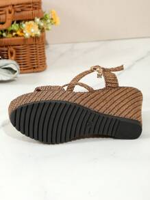 Summer New Women Woven Platform Sandals, Thick Sole, Criss-Cross Strap, Open Toe Ankle Strap High Heel Shoes, Thick Sole Open Toe Sandals, Thick Sole High Heel Sandals Size 35-43 (Run Small By 1 Size) - Brown - View 7