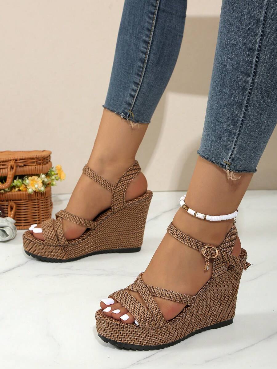 Summer New Women Woven Platform Sandals, Thick Sole, Criss-Cross Strap, Open Toe Ankle Strap High Heel Shoes, Thick Sole Open Toe Sandals, Thick Sole High Heel Sandals Size 35-43 (Run Small By 1 Size) - Brown - View 1
