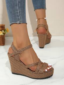 Summer New Women Woven Platform Sandals, Thick Sole, Criss-Cross Strap, Open Toe Ankle Strap High Heel Shoes, Thick Sole Open Toe Sandals, Thick Sole High Heel Sandals Size 35-43 (Run Small By 1 Size) - Brown - View 3
