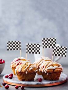 100 piezas Mini banderas a cuadros de carreras y bandera de llegada para pastelitos de papel, recogedores de cóctel de frutas para decoración de fiestas - blanco+negro - Ver 7