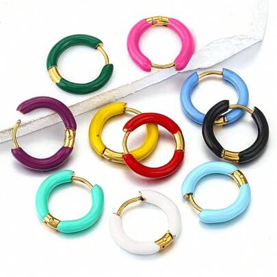 2 piezas aretes de acero inoxidable coloridos, aretes de círculo de esmalte de personalidad simple, aretes pequeños con ciento y joyería de oreja en conjunto de joyería