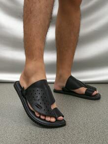男士平底凉鞋拖鞋，舒适阿拉伯风格一脚蹬凉鞋，黑色