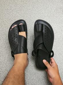 男士平底凉鞋拖鞋，舒适阿拉伯风格一脚蹬凉鞋，黑色
