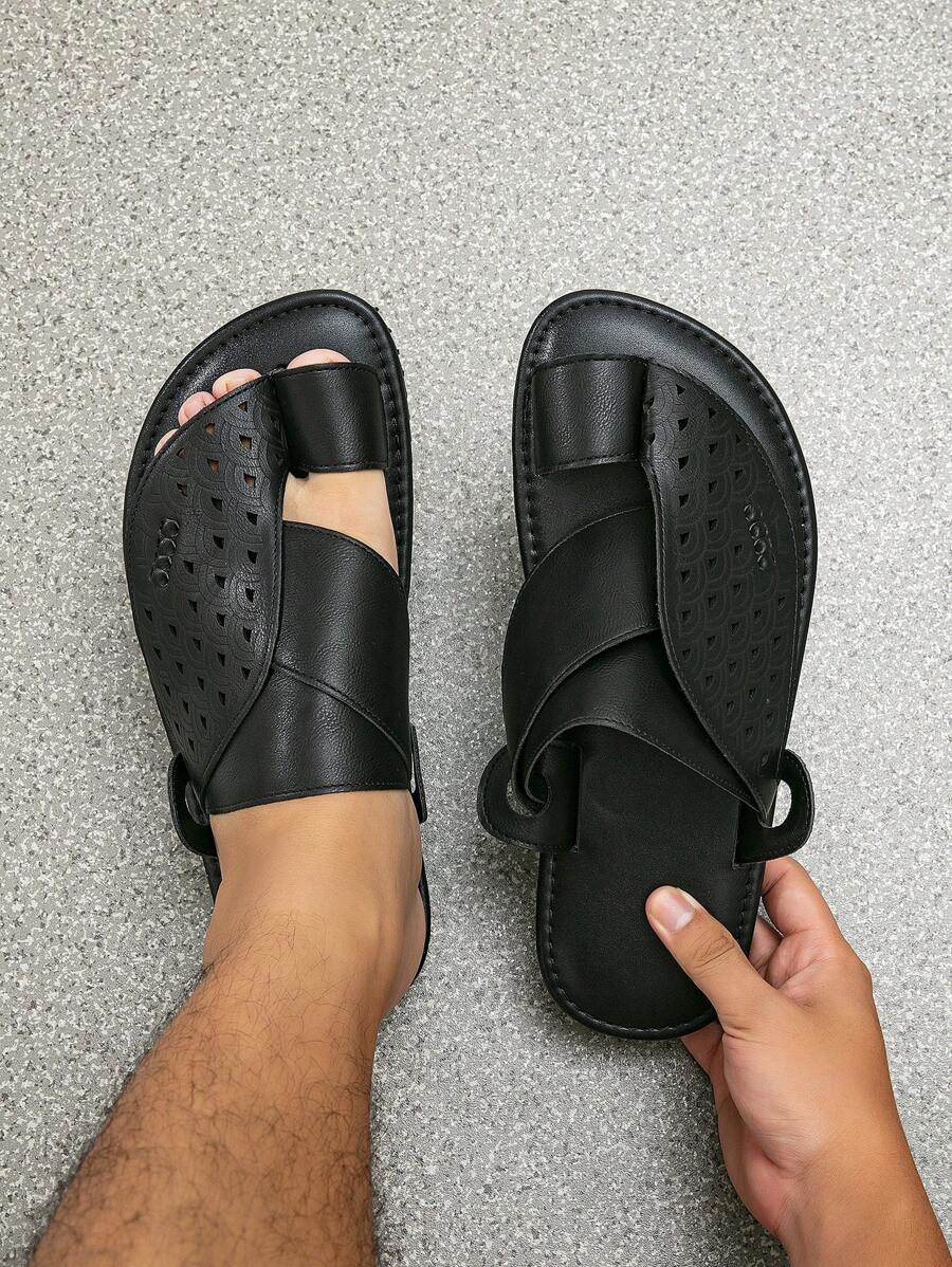 男士平底凉鞋拖鞋，舒适阿拉伯风格一脚蹬凉鞋，黑色