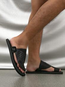 男士平底凉鞋拖鞋，舒适阿拉伯风格一脚蹬凉鞋，黑色