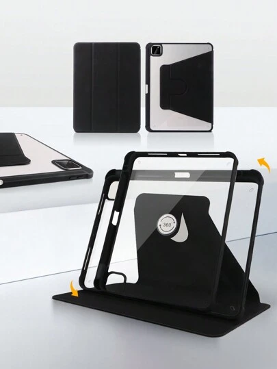 1个黑色360°旋转亚克力三折支架，亚克力材质，带笔槽，支持睡眠/唤醒功能，适用于苹果Mini 6/Mini 7/9.7/10.2/10.5/Air 4/5/10.9/Pro 11/10th/Air 11(M2)2024/Air 13(M2)2024/PRO 11(M4)/Pro 13(M4)12.9/Air 13(M3)2025/Air 11英寸(M3)2025/(A16) 11英寸第11代2025款机型。使用前请撕掉保护膜。