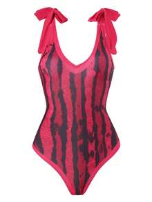 New Retro European & American + Swimwear Set For Women, Wholesale, Conservative Hot Spring Swimsuit, Highly Breathable High Elastic Skin-Friendly Netting, One Size Fits All, Cover Up + One-Piece Swimsuit Summer - Red - View 2