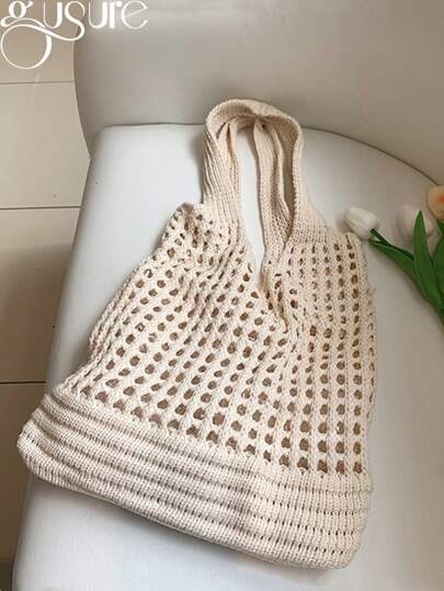 女士少女編織肩袋，復古中空編織大容量購物手提包，休閒沙灘鉤織袋