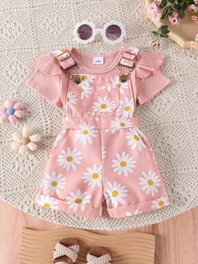 2pcs Baby Girls' Cute Short Sleeve Ruffle Bodysuit And Flower Print Overalls Set, Summer