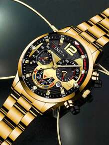 3 件套时尚男士商务银手链、项链、日历腕表 - 不锈钢石英表作为返校学生的礼物 - 金色 - 查看 4