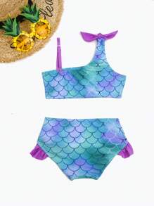 Young Girl 2pcs/Set Mermaid Bikini Set With Color Blocking Fish Scale Print, Fashionable Swimwear For Beach And Pool