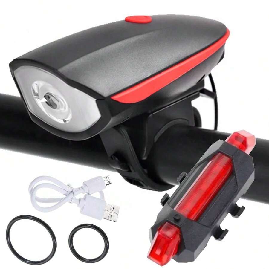 Lanterna Farol Com Buzina Bike Prova D'água Usb Led + Sinalizador Pisca Traseiro Bike Ciclista Mtb - Preto - Visão 1