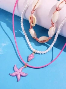 3pcs/Set Pink Starfish Shell Pendant Beaded Necklace, Beach & Ocean Themed Vacation Jewelry For Women