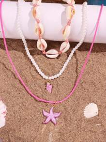 3pcs/Set Pink Starfish Shell Pendant Beaded Necklace, Beach & Ocean Themed Vacation Jewelry For Women
