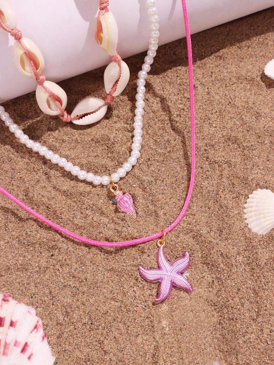 3pcs/Set Pink Starfish Shell Pendant Beaded Necklace, Beach & Ocean Themed Vacation Jewelry For Women
