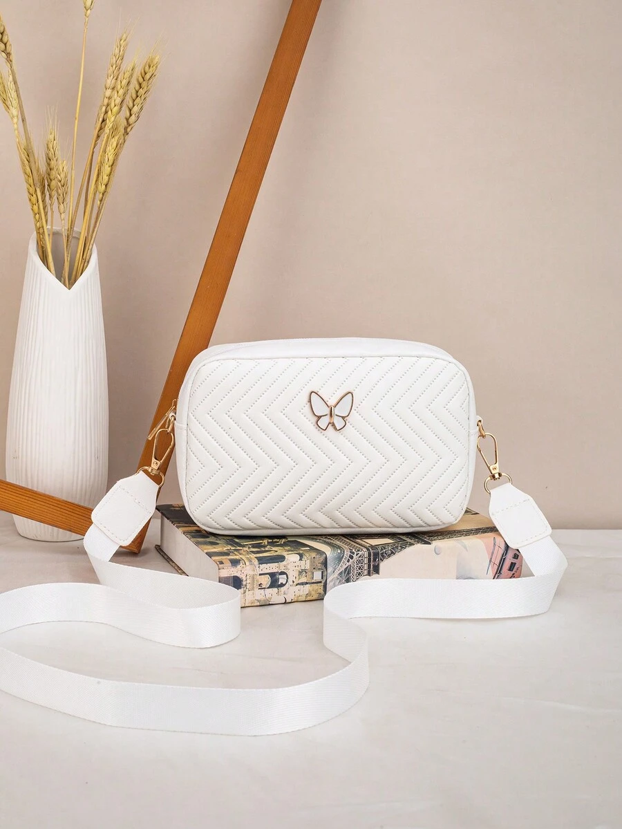 Women's Quilted Butterfly Decor Small Square Crossbody Bag, PU Leather Shoulder Bag For Casual Wear & Shopping - White - View 1