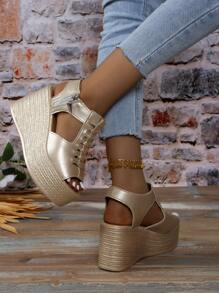 Women's Leather High Heels Sandals, Peep-Toe Thick Platform Wedge Slippers, Fashion Height Increasing Shoes, Summer New Arrival - Gold - View 6