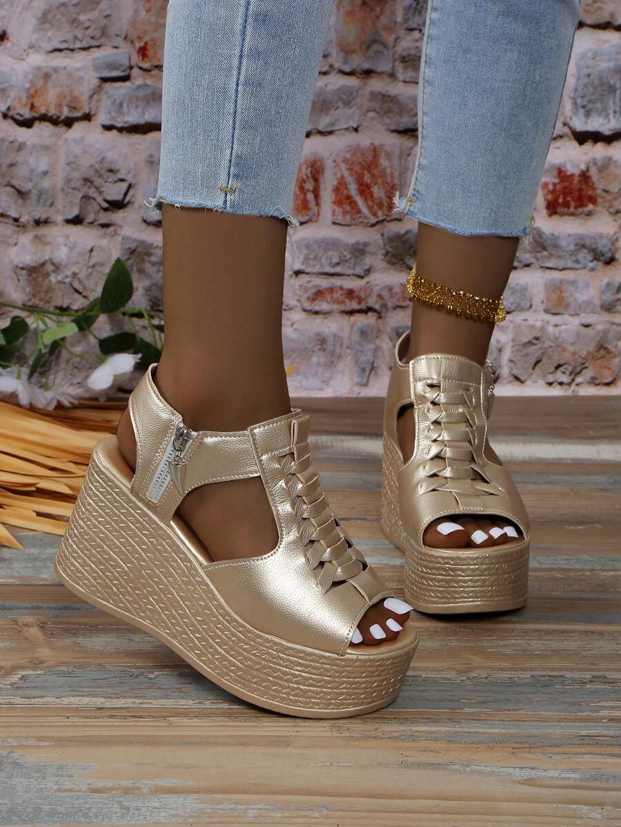 Women's Leather High Heels Sandals, Peep-Toe Thick Platform Wedge Slippers, Fashion Height Increasing Shoes, Summer New Arrival - Gold - View 1