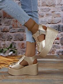 Women's Leather High Heels Sandals, Peep-Toe Thick Platform Wedge Slippers, Fashion Height Increasing Shoes, Summer New Arrival - Gold - View 5