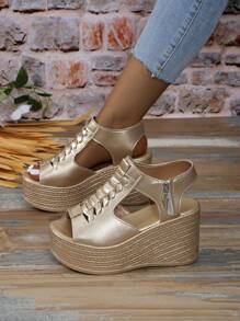 Women's Leather High Heels Sandals, Peep-Toe Thick Platform Wedge Slippers, Fashion Height Increasing Shoes, Summer New Arrival - Gold - View 2