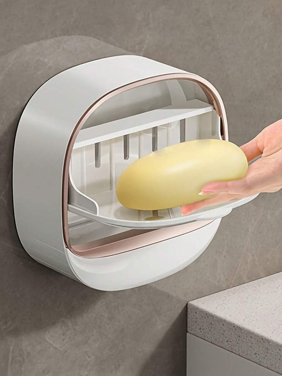 1 Pc Random Craft Wall Mounted Soap Holder, Soap Holder With Lid, No Drill Hole Drain Soap Dish, Simple Soap Storage Rack For Home Bathroom, Bathroom Accessories, Suitable For Bathroom, Vanity Use[Hook Style Random]
