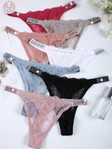 7 件女式性感蕾丝丁字裤 - 透气无缝低腰三角裤和简约爱心内裤 - 舒适女士内衣 - 彩色 - 查看 1
