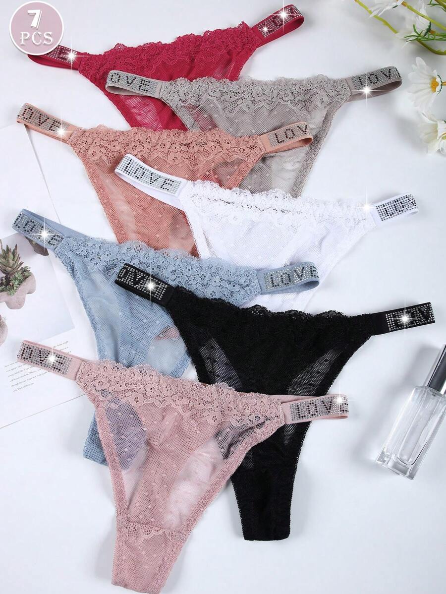 7 件女式性感蕾丝丁字裤 - 透气无缝低腰三角裤和简约爱心内裤 - 舒适女士内衣 - 彩色 - 查看 1