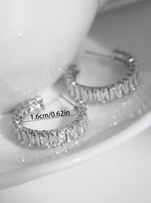 Full Rectangle Shiny Cubic Zirconia Decor Hoop Earrings Copper Silver Plated Jewelry Gift For Women Girls