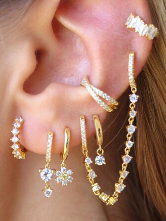 7Pcs Fashion Gold Plated Cubic Zirconia Chain Dangle Earrings For Women Zirconia Hoop Earrings Set Jewelry