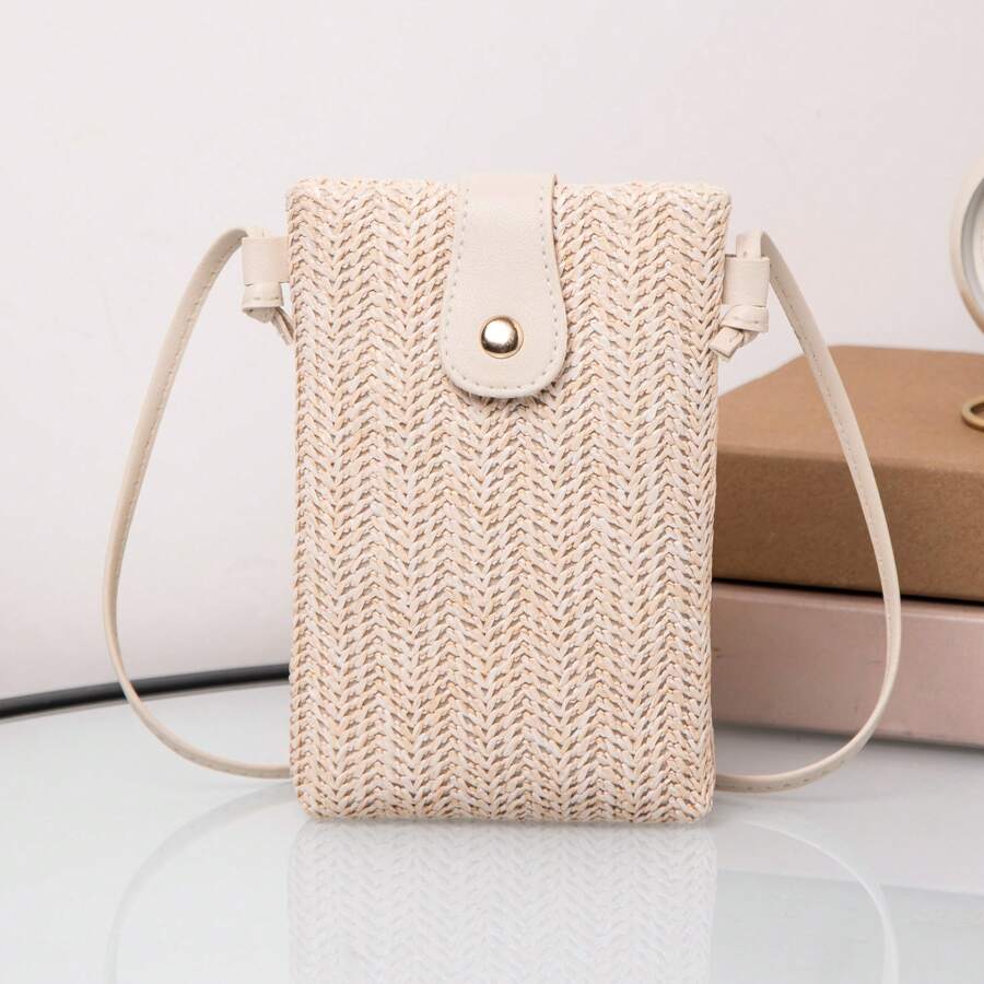 時尚編織草手機包斜挎包 - 米色 - 查看 1