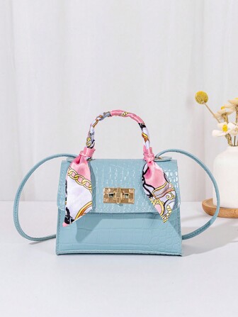 1pc Girls' Solid Color Mini Crossbody Bag With Silk Scarf Decoration, Ideal For Daily Use And Gifting