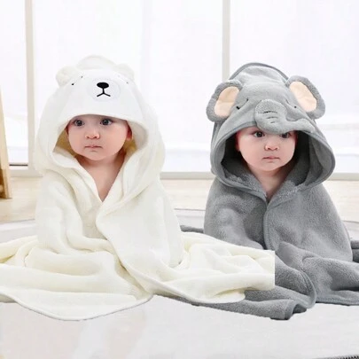 2pcs Unisex Baby Animal Face Hooded Towels, Unique Animal Design Hooded Baby Bathrobe, Super Soft Newborn Towels Suitable For All Seasons, Children's Soft Coral Fleece Cartoon Bathroom Accessories, Bath Towel Wrap