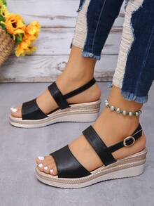 Women's Summer New Outdoor Casual Vacation Style Gold Base Wedge Thick Bottom Sandals, Black Strap Round Toe Slingback Wedge Sandals For Daily Wear - Black - View 4