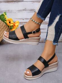 Women's Summer New Outdoor Casual Vacation Style Gold Base Wedge Thick Bottom Sandals, Black Strap Round Toe Slingback Wedge Sandals For Daily Wear - Black - View 2