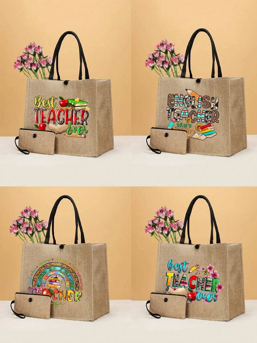 Set de 2 piezas de bolsa de mano con diseño de profesora, regalo para profesores excepcionales, con gran capacidad, impermeable y portátil, ideal para llevar en vacaciones, para mujeres elegantes, estudiantes adolescentes, estudiantes universitarios, trabajadoras de cuello blanco, perfecto para la escuela,college, trabajo, negocios, salidas al aire libre, viajes, festividades, día del maestro, bolsa de playa. - Caqui - Ver 1