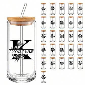 1pc Glass Cup A-Z, Personalized Glass Water Cup + Single-Sided Sticker, Letter Name Customized Glass Cup, 16oz High Borosilicate Glass Cup, Unique Commemorative Gift, Include Glass Straw, For Father's Day, For Graduation, For Weddings, For Housewarming Dining Room, Living Room, Bedroom, Office, Tea Room, Home, Kitchen, School,Home Refresh