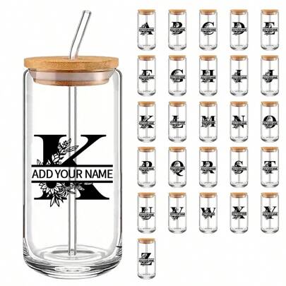 1pc Glass Cup A-Z, Personalized Glass Water Cup + Single-Sided Sticker, Letter Name Customized Glass Cup, 16oz High Borosilicate Glass Cup, Unique Commemorative Gift, Include Glass Straw, For Father's Day, For Graduation, For Weddings, For Housewarming Dining Room, Living Room, Bedroom, Office, Tea Room, Home, Kitchen, School