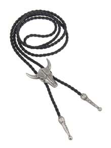 1pc Vintage Western Cowboy Style Alloy Metal Necklace For Men, With Bull's Head Carved Details, Gothic Style, Black Leather Braided Long Chain - Leather - View 5