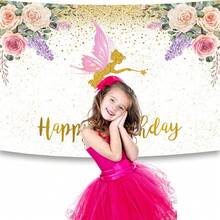Fondo de tela de cumpleaños con hadas de mariposas y flores rosadas con brillo dorado, pancarta de decoración de mesa de pastel de cumpleaños de princesa, utilería de fondo de fotografía centelleante dorado para fotomatón - multicolor - Ver 5