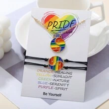 4pcs/Set LGBT Rainbow Yin Yang Bead Bracelet + Necklace Pendant, Handmade Adjustable Card Strap, Multi-Color Chic Accessories
