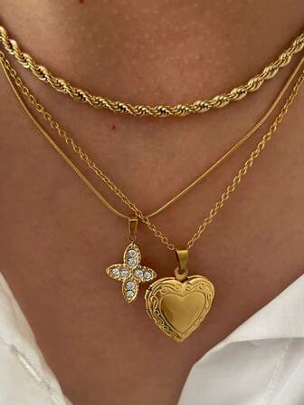 1pc New Simple Dainty Wrap-Around Chain Heart Pendant Design Waterproof 18K Gold Plated Women's Necklace With Rhinestone Decoration Valentines,Mom,Mother,Mother's Day,Gift