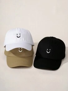 3 stuks geborduurd lachend gezicht platte rand baseball cap set voor kinderen, buiten verstelbare zonnebrandcrème casual pet geschikt voor jongens en meisjes, lente/herfst reizen strand vakantie zonnehoed
