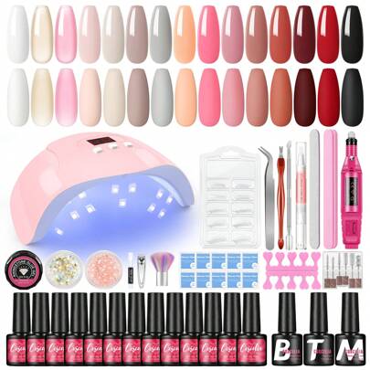 coscelia مجموعة طلاء أظافر جل 35 قطعة مع مجفف أشعة فوق بنفسجية وآلة حفر الأظافر، مجموعة أظافر بطعم الجيلي واللون العاري الأحمر، لآدوات المانيكير ومجموعة تصميم الأظافر.