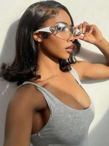 1入組無邊無框雙心形 Y2K style 環繞式時尚眼鏡，具有技術先鋒感和街頭風