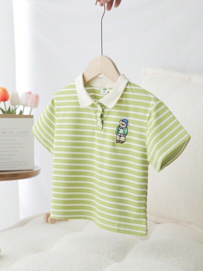 Maglietta a righe per giovani ragazzi per l'estate, stagione del ritorno a scuola, Ricamo orso Maglietta polo a manica corta