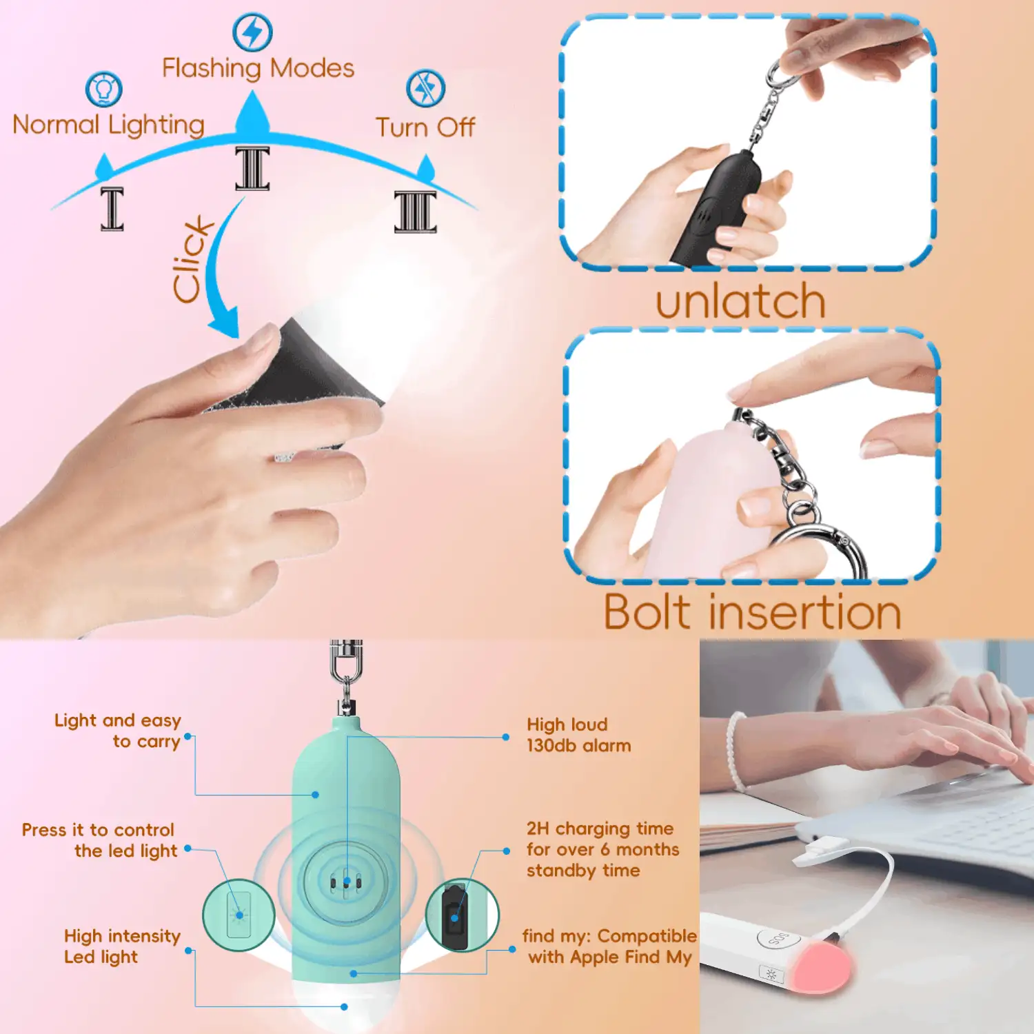 1 件女士个人报警器、自卫钥匙扣、与 Apple Find My 配合使用、带 USB 可充电安全警报器的应急 LED 手电筒、物品查找器定位器追踪器、130 DB 大声警报器、SOS LED 灯