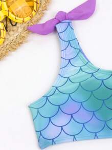 Young Girl 2pcs/Set Mermaid Bikini Set With Color Blocking Fish Scale Print, Fashionable Swimwear For Beach And Pool