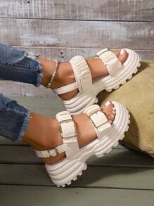 Giày sandal đế dày thiết kế xếp ly dành cho nữ, giày sandal quai khóa thông thường mùa hè, giày sandal gót dày thoải mái, giày sandal đế xuồng, giày sandal thông thường đa năng, giày đi biển, giày sandal đế bệt, giày nữ mùa hè - Màu be - Xem 4
