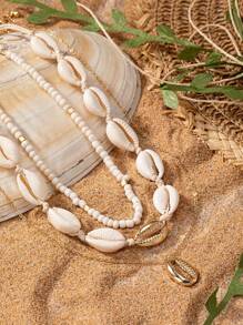 3pcs Fashion Shell Necklace Set, Starfish & Shell Pendant Layered Necklaces For Women, Beach Vacation - Yellow Gold - View 4