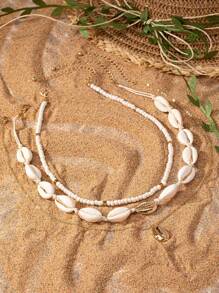 3pcs Fashion Shell Necklace Set, Starfish & Shell Pendant Layered Necklaces For Women, Beach Vacation - Yellow Gold - View 8